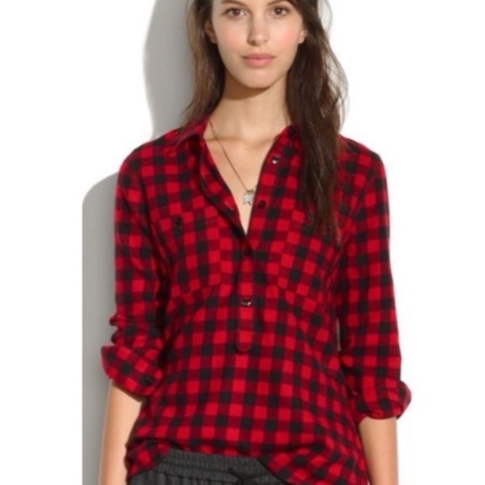 J. Crew Red & Navy Plaid Flannel Popover